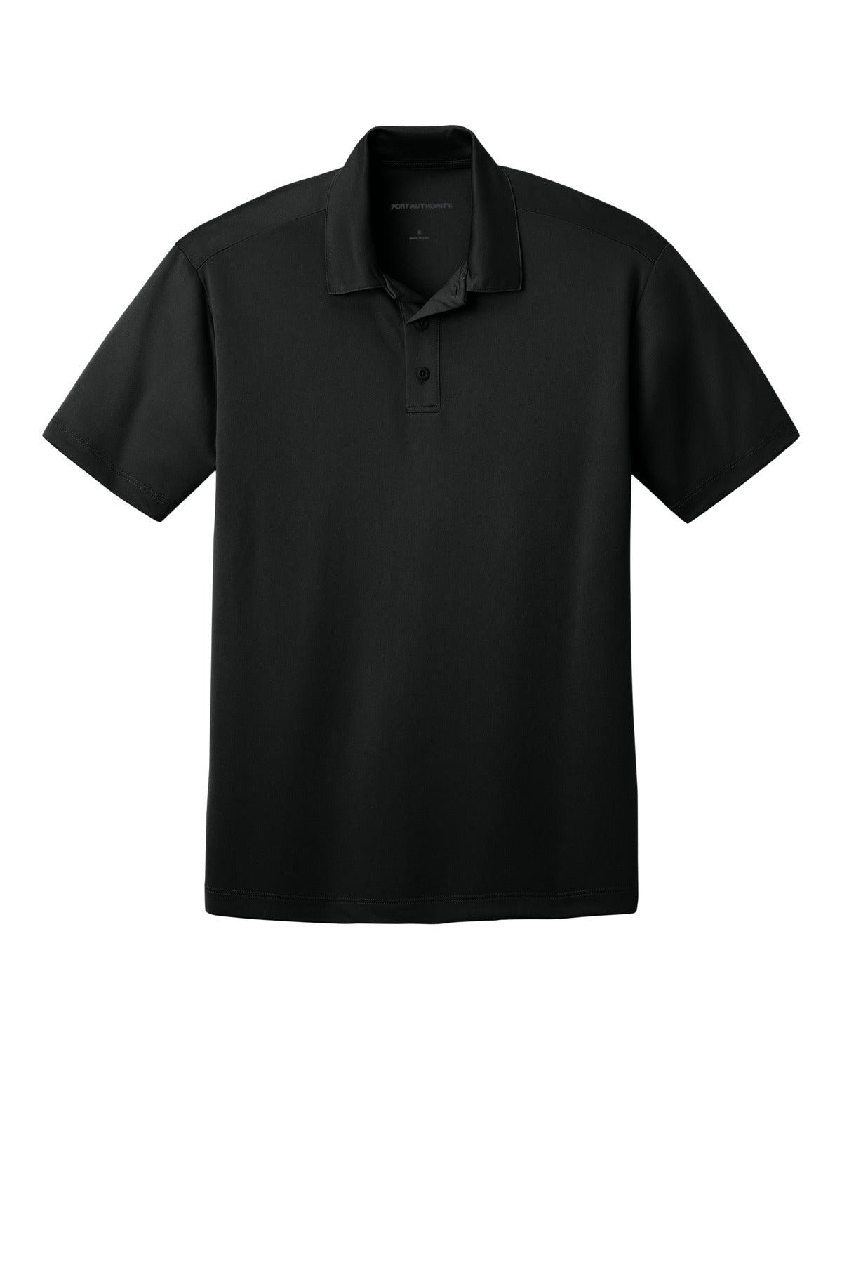 Men's black performance golf polo, front
