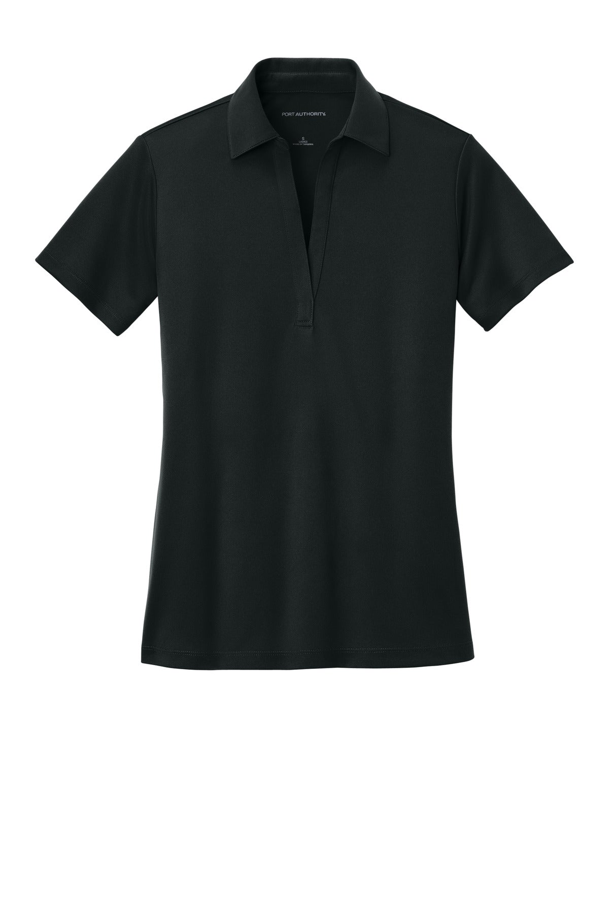 Women's black performance golf polo, front