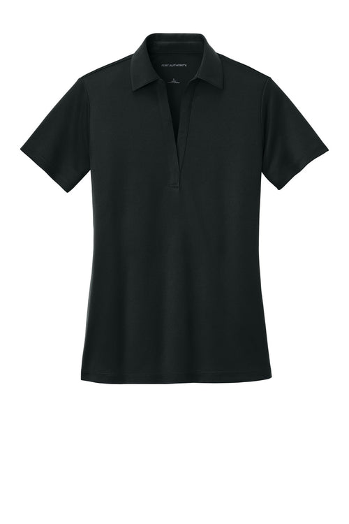 Women's black performance golf polo, front
